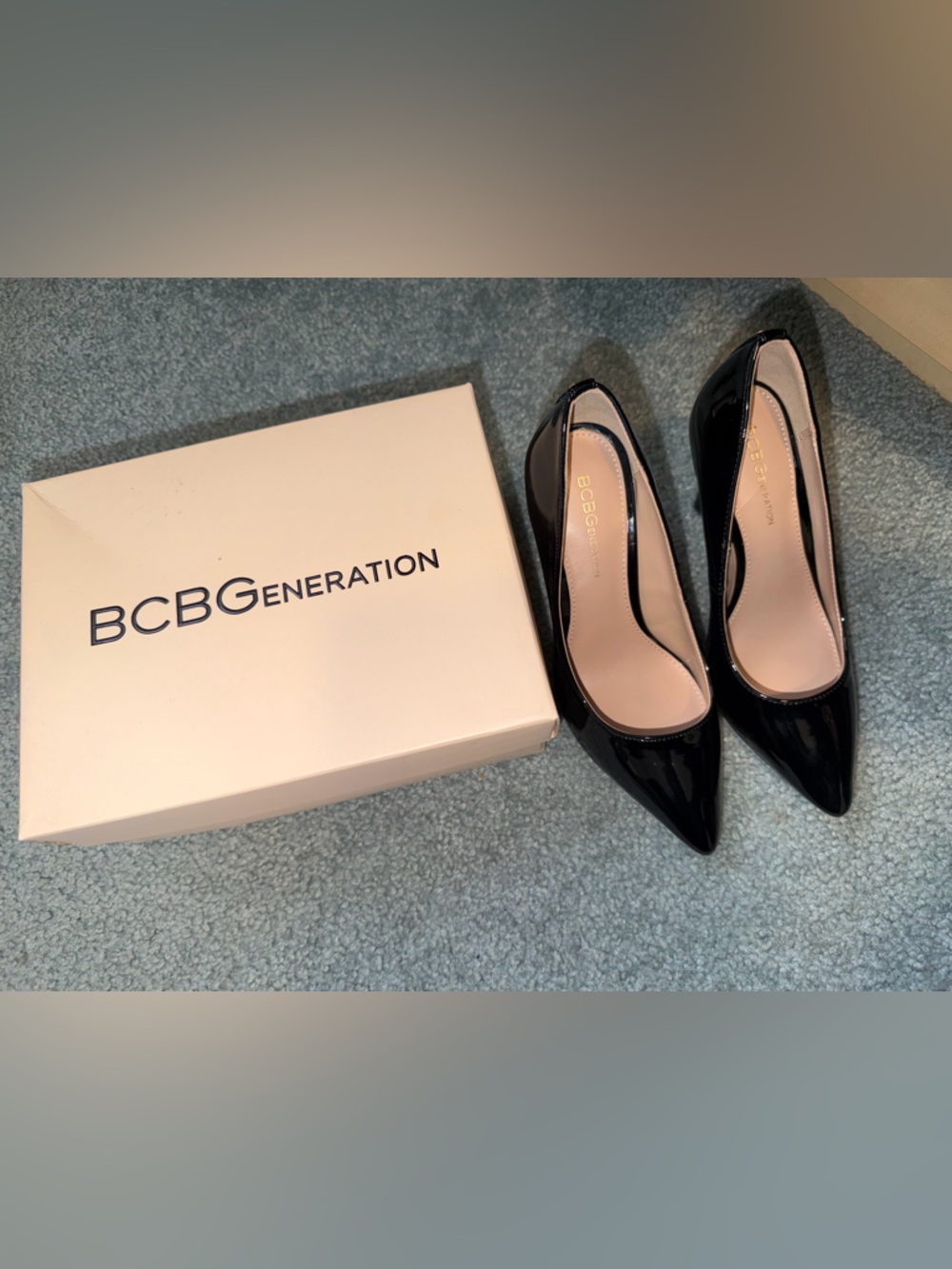 BCBGeneration Black Patent Pointed Toe Pumps
